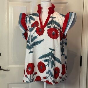 Floral Ruffle Sleeve Blouse - Red and White